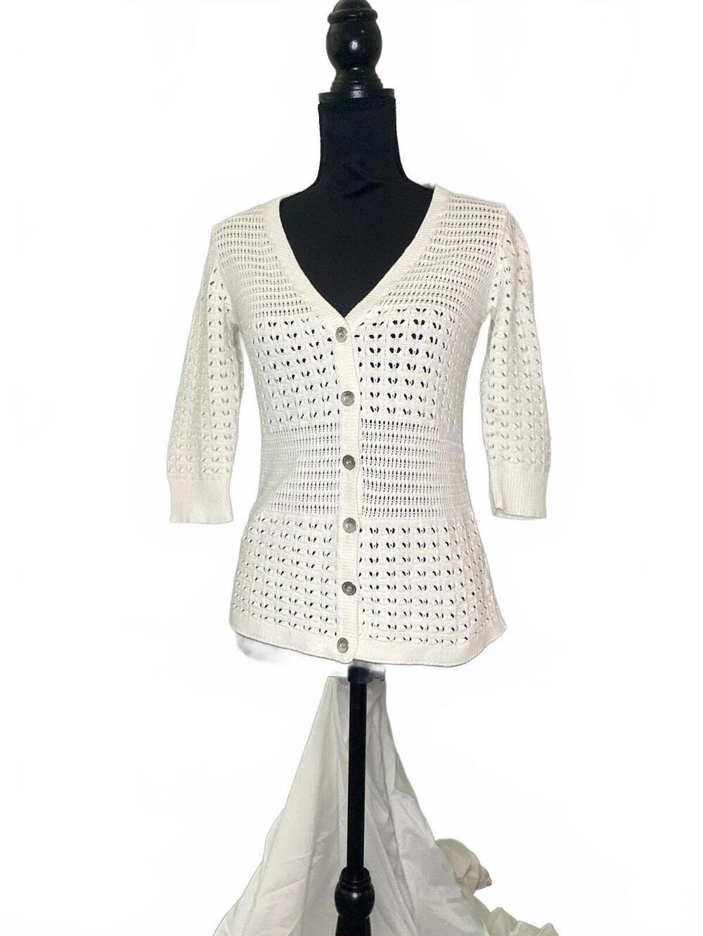 DKNY Cream Crochet Knit Button-Up Sweater